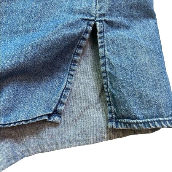 Eloquii Blue Chambray Denim Ruffle Chest Long Sleeve Button Down - Picture 4 of 7